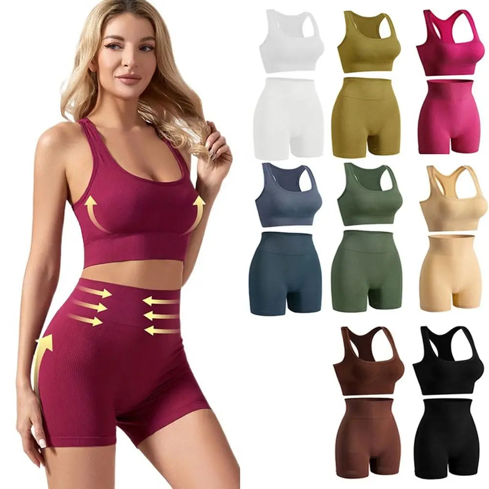 2 Pieces Seamless Workout Outfits High Waist Short Sport Bra Crop Matching Active Set Sleeveless Round Neck Tracksuit Exercise
