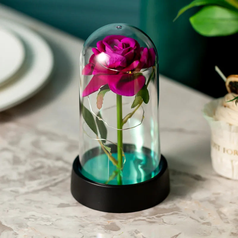 LED Eternal Rose in Glass Dome - Gold Foil Flower for Valentine's & Mother's Day