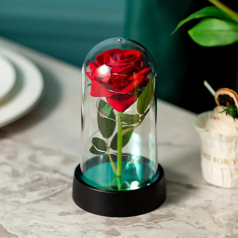 LED Eternal Rose in Glass Dome - Gold Foil Flower for Valentine's & Mother's Day