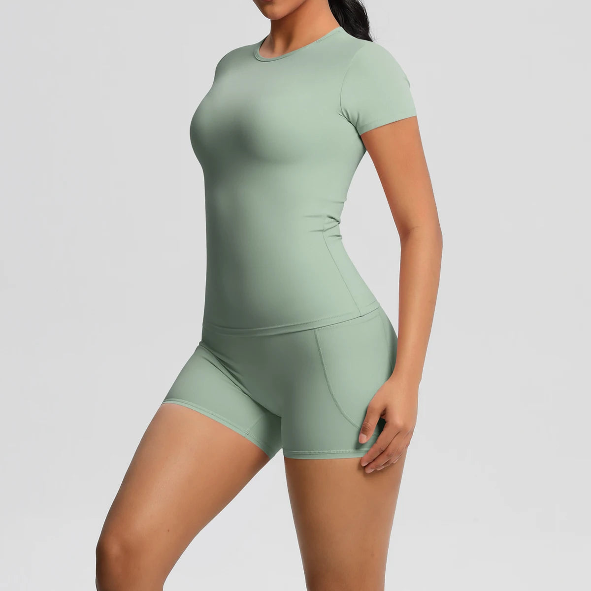 Women's 2-Piece Workout Set - Push-Up Shirt & High Waist Shorts for Yoga & Fitness