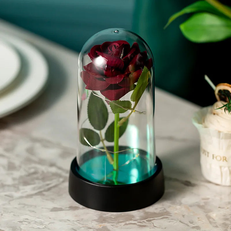 LED Eternal Rose in Glass Dome - Gold Foil Flower for Valentine's & Mother's Day