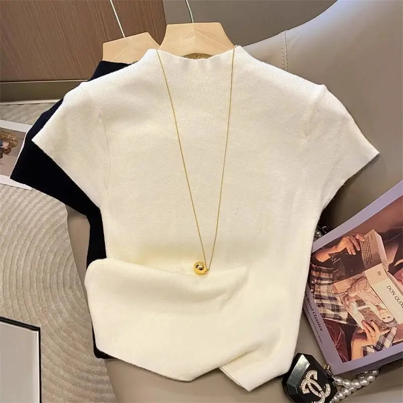Turtleneck Pullover Sweater – Women's Knitted Short Sleeve