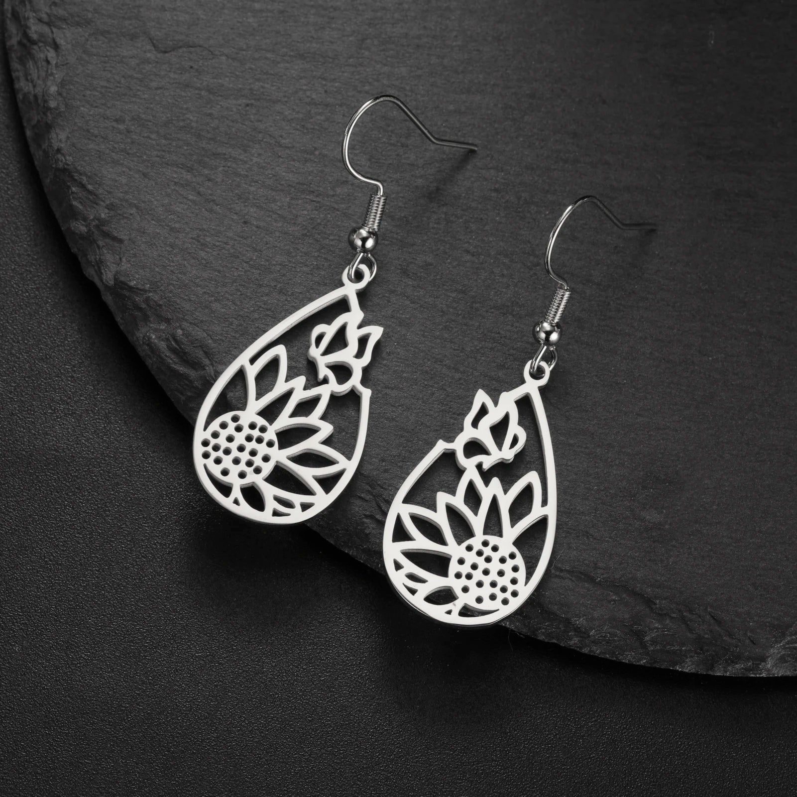 Skyrim Sunflower Butterfly Teardrop Pendant Earring Women Girls Stainless Steel Gold Color Earrings Jewelry Valentine's Day Gift