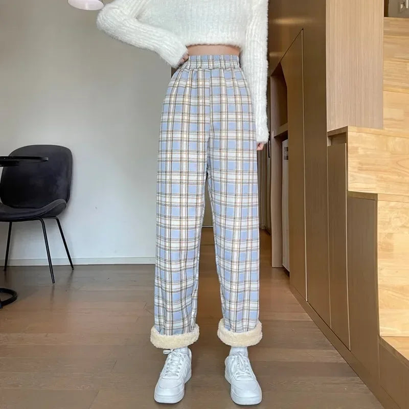 Warm Plush Plaid Pants – Women Winter Wide-Leg Casual