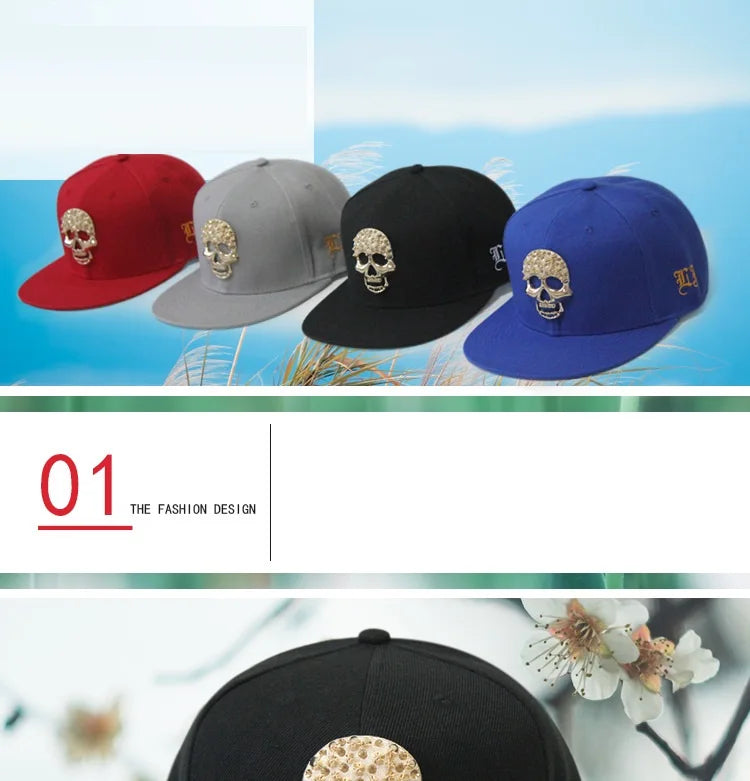 Skull Rivet Flat Brim Cap - Hip-Hop Snapback Baseball Hat for Street Dance & Urban Style