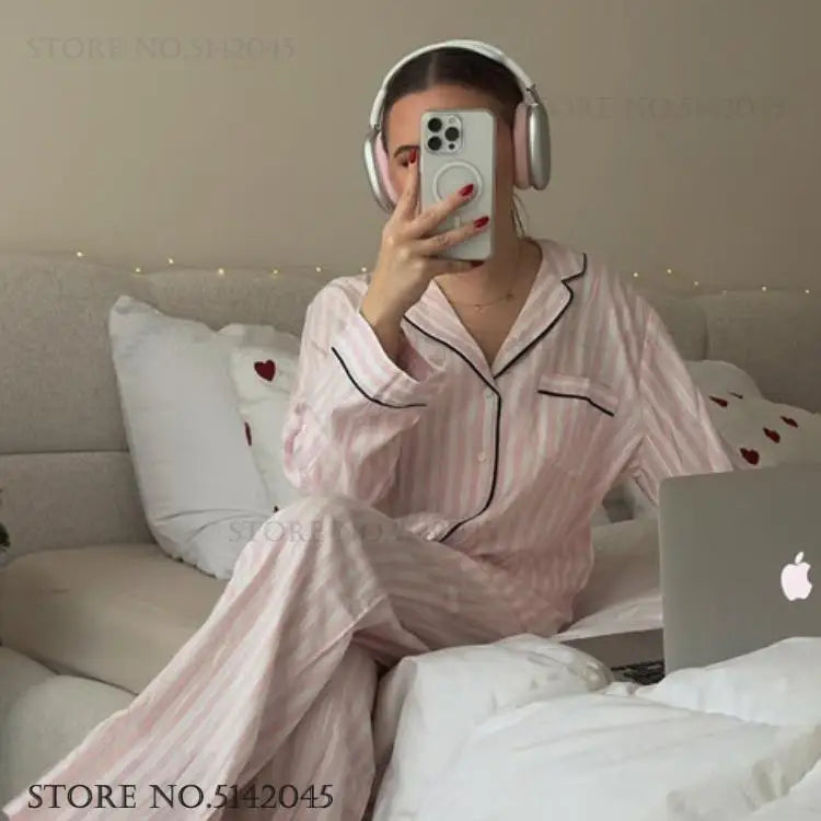 Pink Stripe Long Sleeve Pajama Set – Women’s Lounge Wear