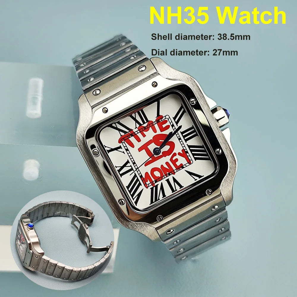 NH35 Square Watch - Stainless Steel Automatic Mechanical Watch with Folding Buckle