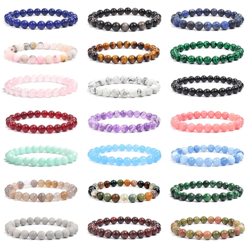 Natural Stone Beads Bracelet – Amethyst, Quartz, Jade & Agate Healing Bangle