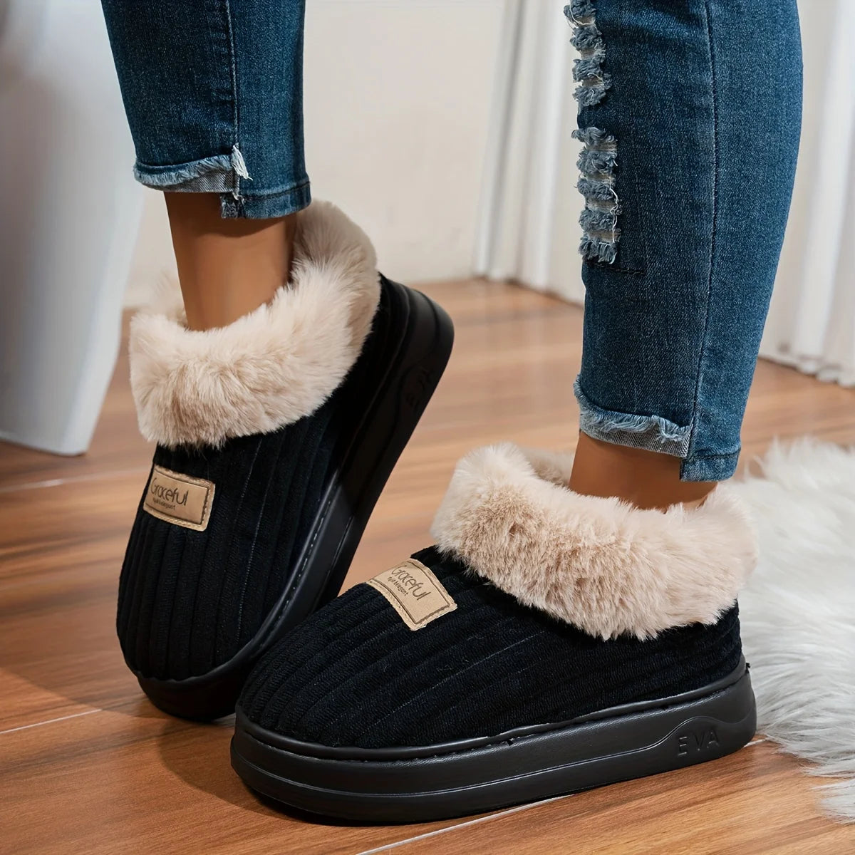 Winter Warm Slippers - Thick Sole Non-Slip Indoor Outdoor House Shoes with Comfortable Heel