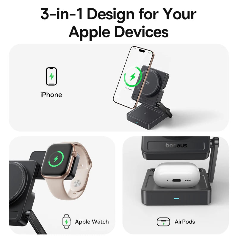 Baseus 3-in-1 Magnetic Wireless Charger – iPhone, AirPods & Apple Watch