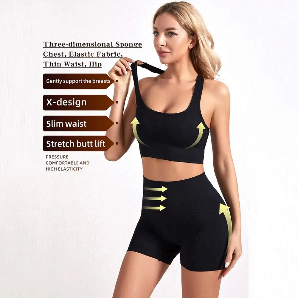 Women's 2-Piece Breathable Ribbed Workout Set - Sports Bra & High Waist Shorts (Summer Active Set)