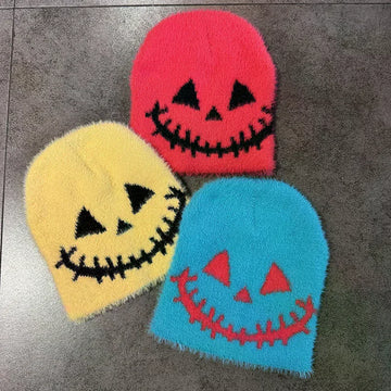 Halloween Funny Expression Wool Knitted Beanie - Y2K Hip-Hop Winter Hat with Quirky Face Design