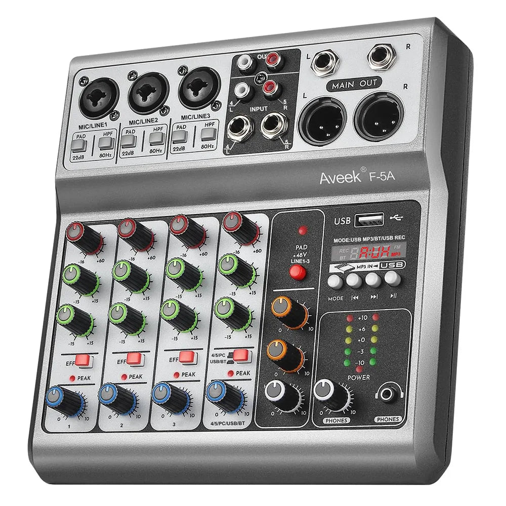 5-Channel Audio Mixer - Professional Sound Board with USB, Bluetooth, Echo & 48V Phantom Power