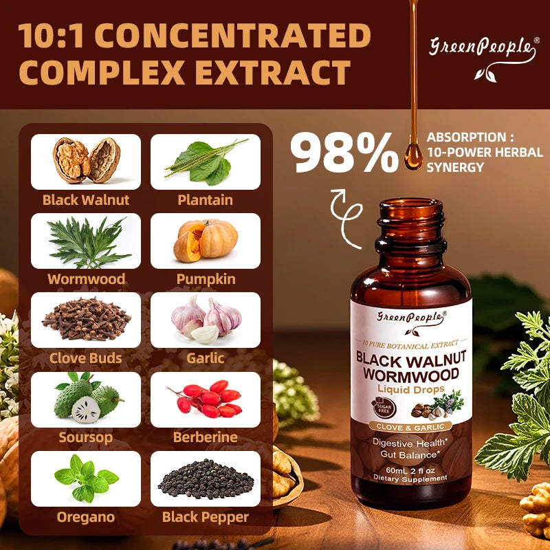 GreenPeople 10-in-1 Black Walnut Wormwood Liquid Drops, Rapid Gut Cleanse & Digestive Health with Clove Garlic Vegan Gluten-Free