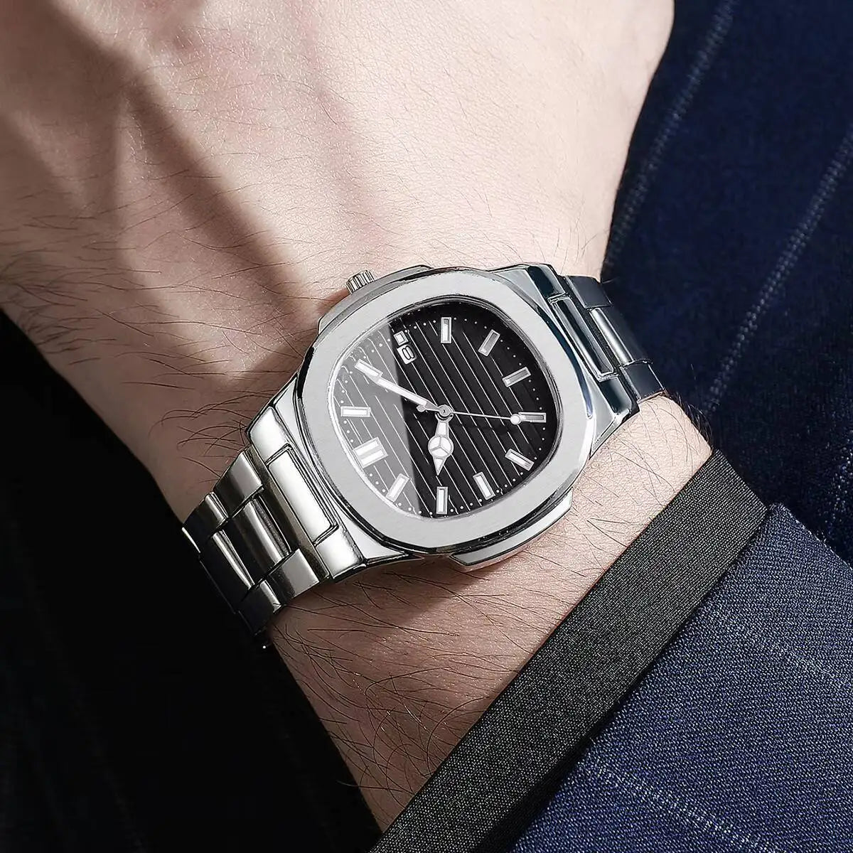 Luxury Men's Square Dial Quartz Watch – Stainless Steel Business Watch with Calendar