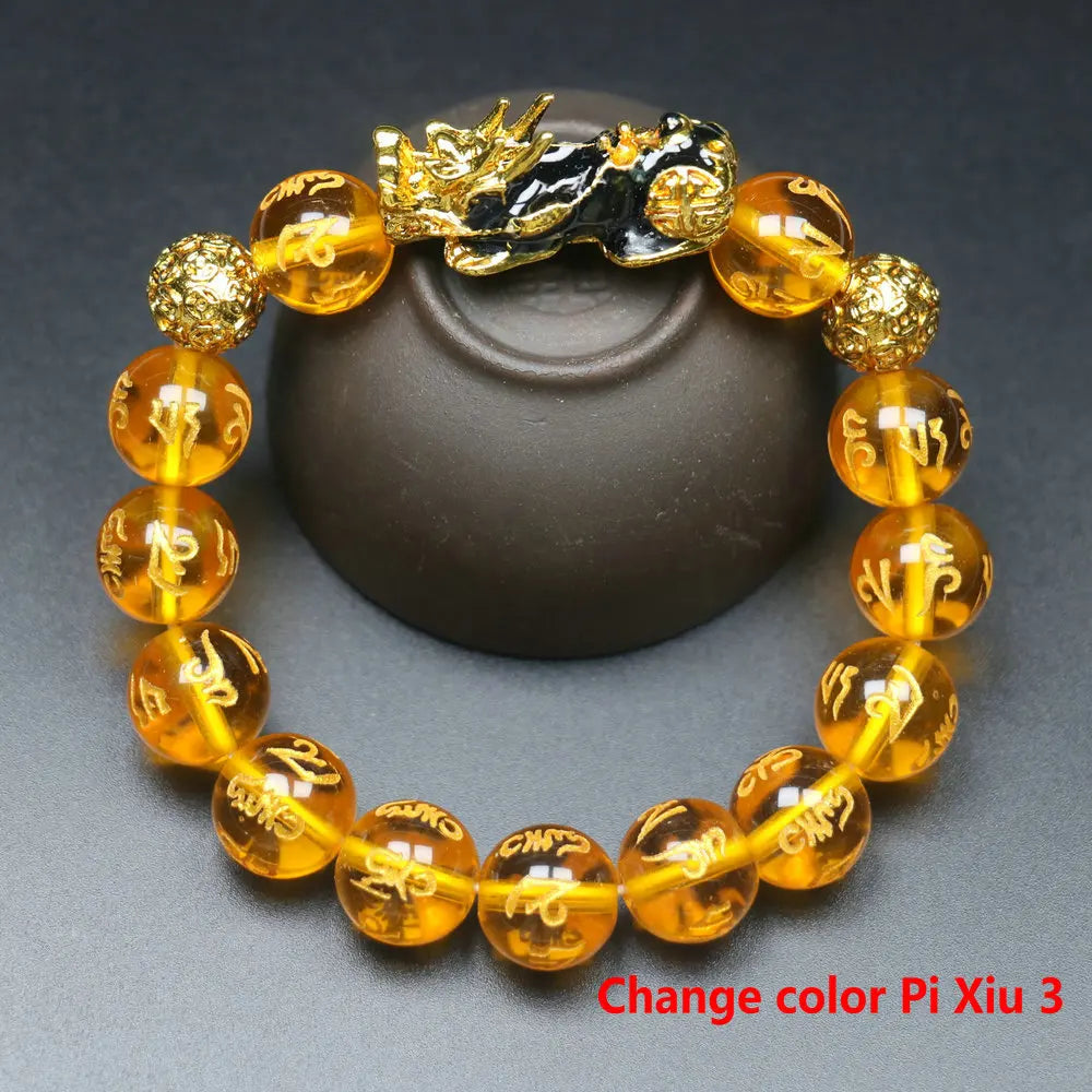 Feng Shui Wealth Pixiu Bracelet Men Women Black Obsidian Beads Chakra Meditation Yoga Bracelet Change Color Pi Xiu Jewelry Gift