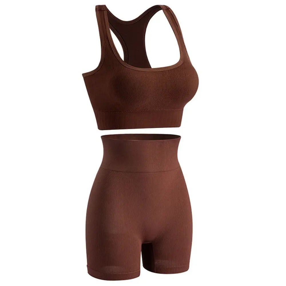2 Pieces Seamless Workout Outfits High Waist Short Sport Bra Crop Matching Active Set Sleeveless Round Neck Tracksuit Exercise