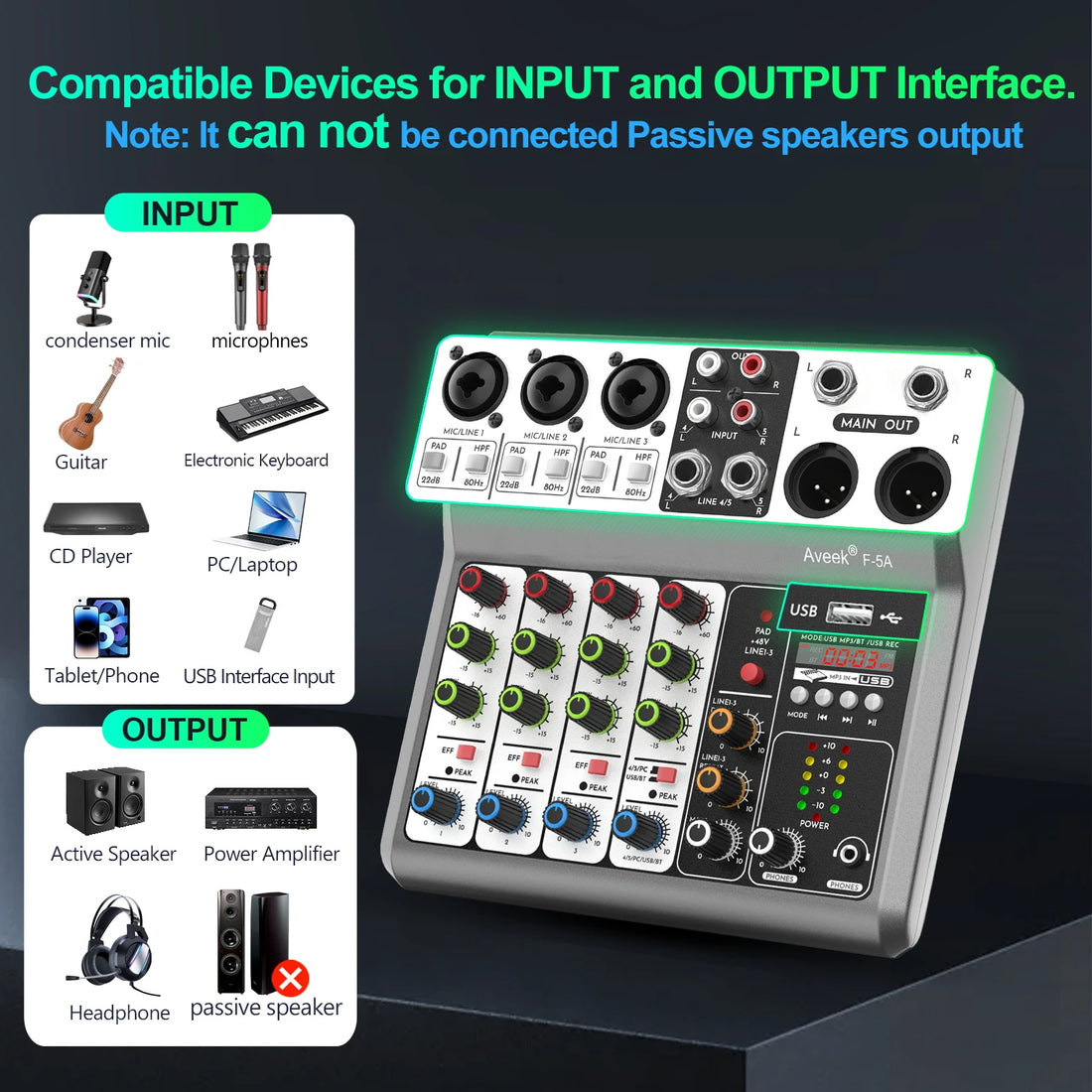 5-Channel Audio Mixer - Professional Sound Board with USB, Bluetooth, Echo & 48V Phantom Power