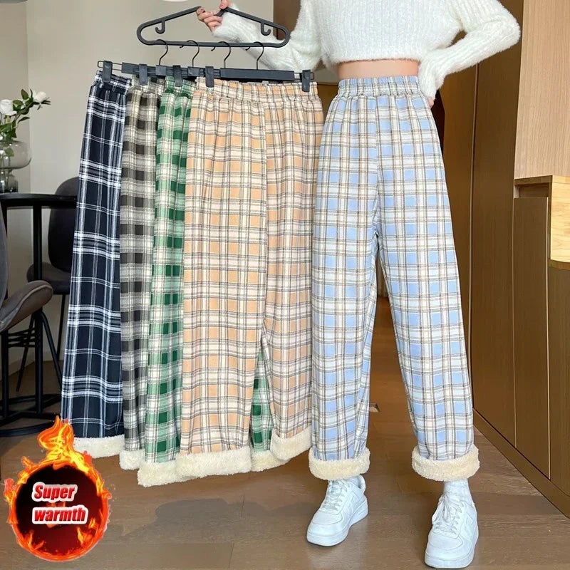 Warm Plush Plaid Pants – Women Winter Wide-Leg Casual