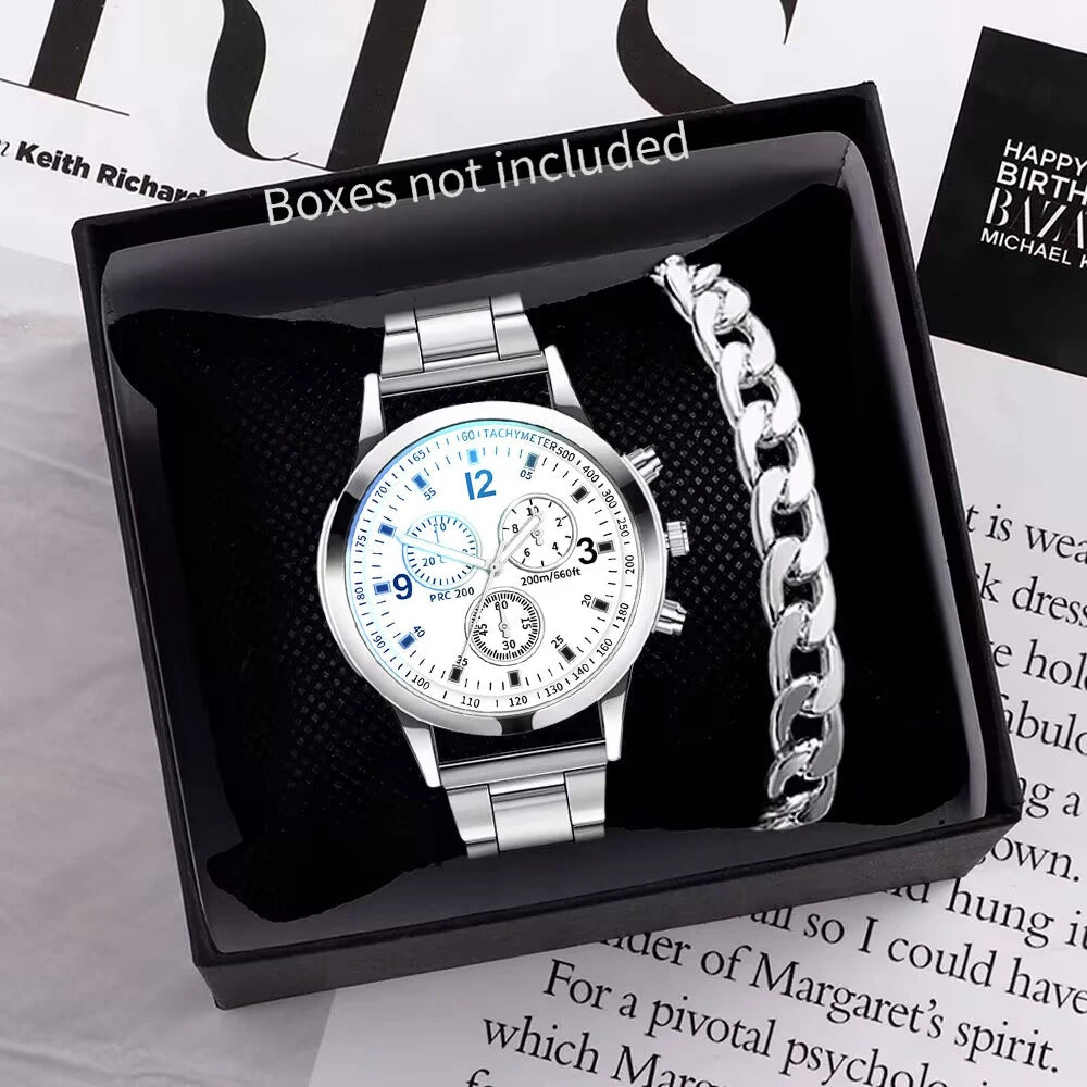 Men's Business Watch - Stainless Steel Band Quartz Wristwatch with Bracelet Set