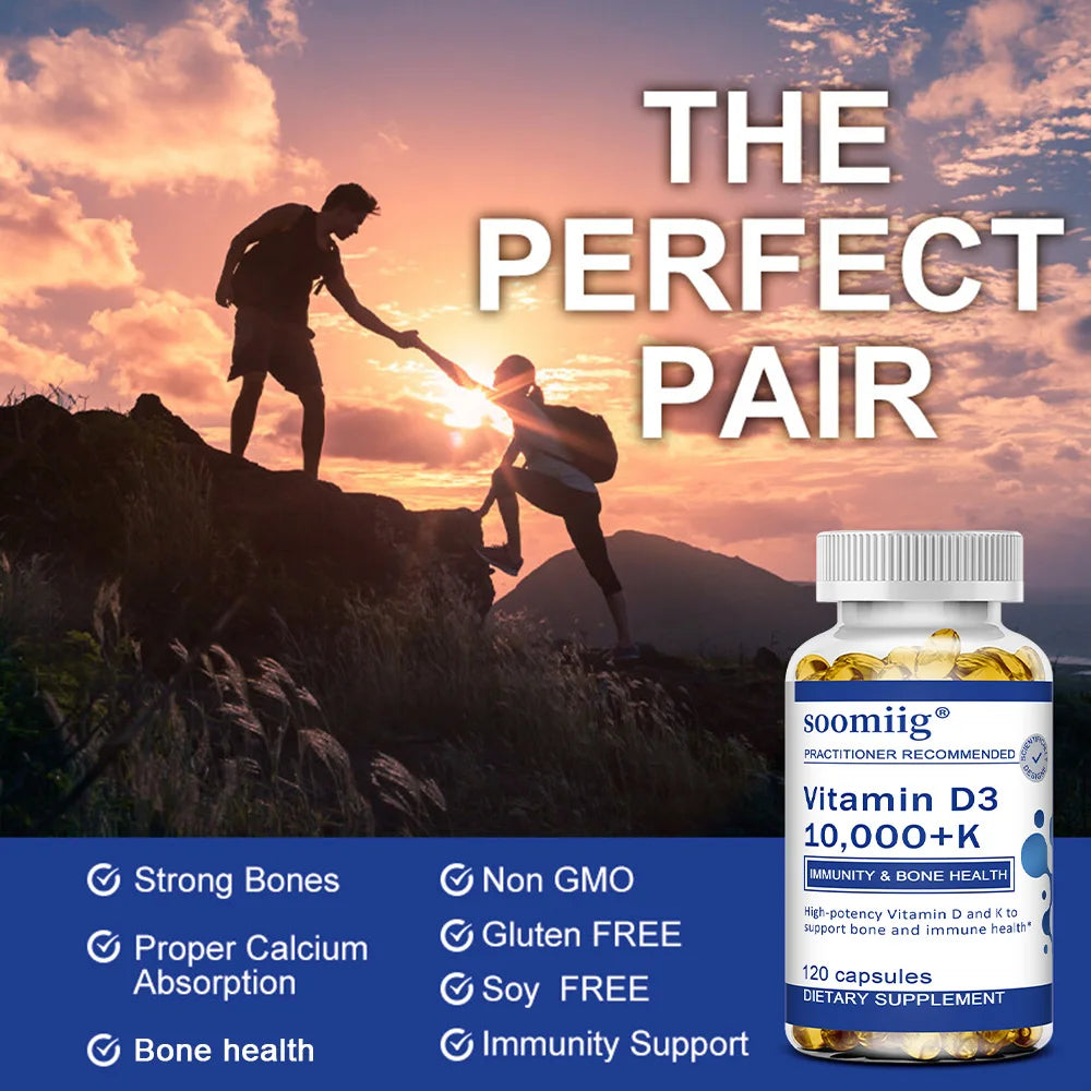 Vitamin D3 10000 IU + K2 Supplement - Maximum Strength for Bone, Heart & Immune Health (120 Capsules)