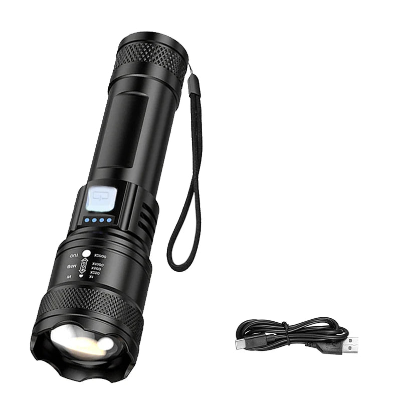 2000 Lumen LED Flashlight with Power Display - USB Rechargeable Tactical Torch with Zoom