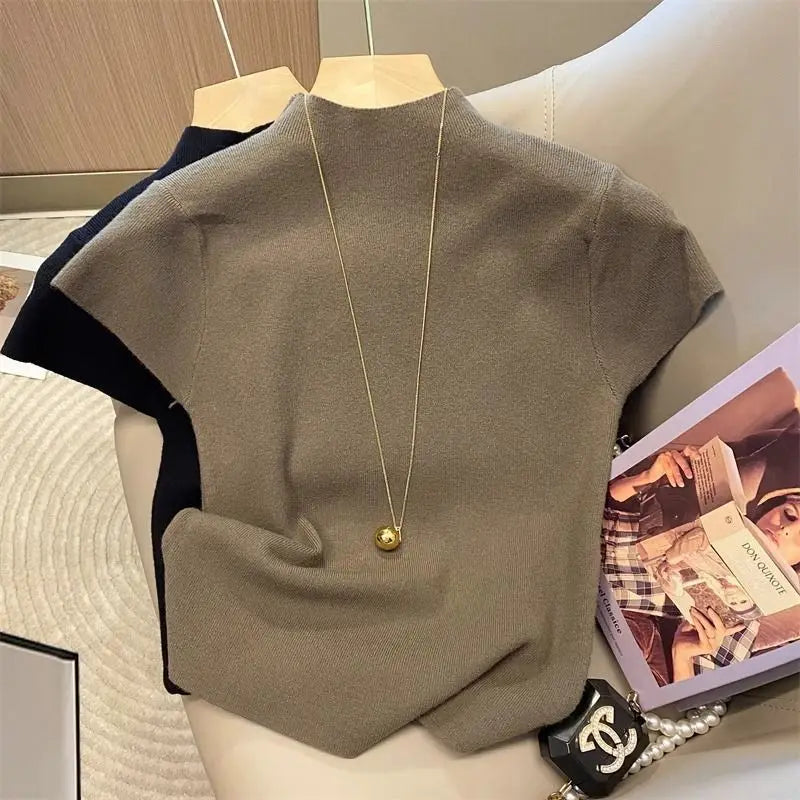 Turtleneck Pullover Sweater – Women's Knitted Short Sleeve
