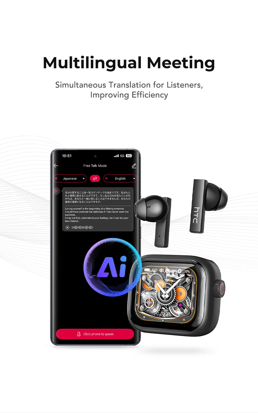 HTC Bluetooth Earphones with AI Translator & HD Subtitles - TWS Sports Wireless