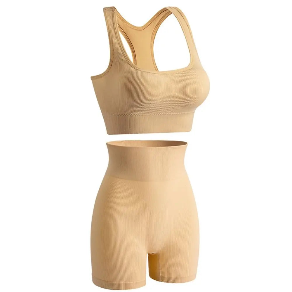 Women's 2-Piece Breathable Ribbed Workout Set - Sports Bra & High Waist Shorts (Summer Active Set)